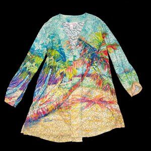 Leoma Lovegrove Open Cardigan Colorful Tropical Beach Cover Top Women L NWT